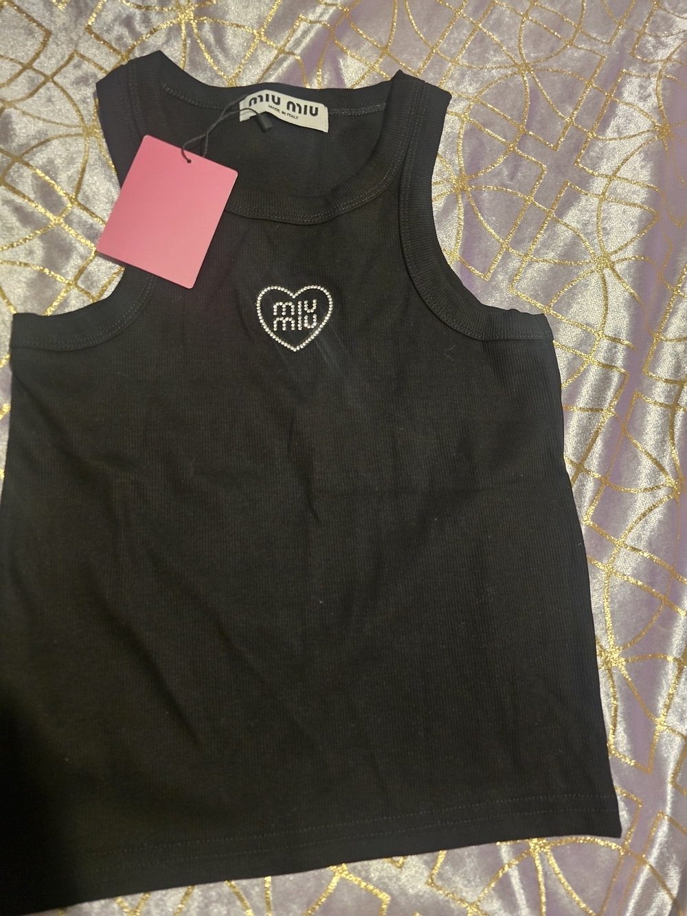 Miu Miu Black Ribbed Tank with Crystal Heart Logo - Picture 2 of 6